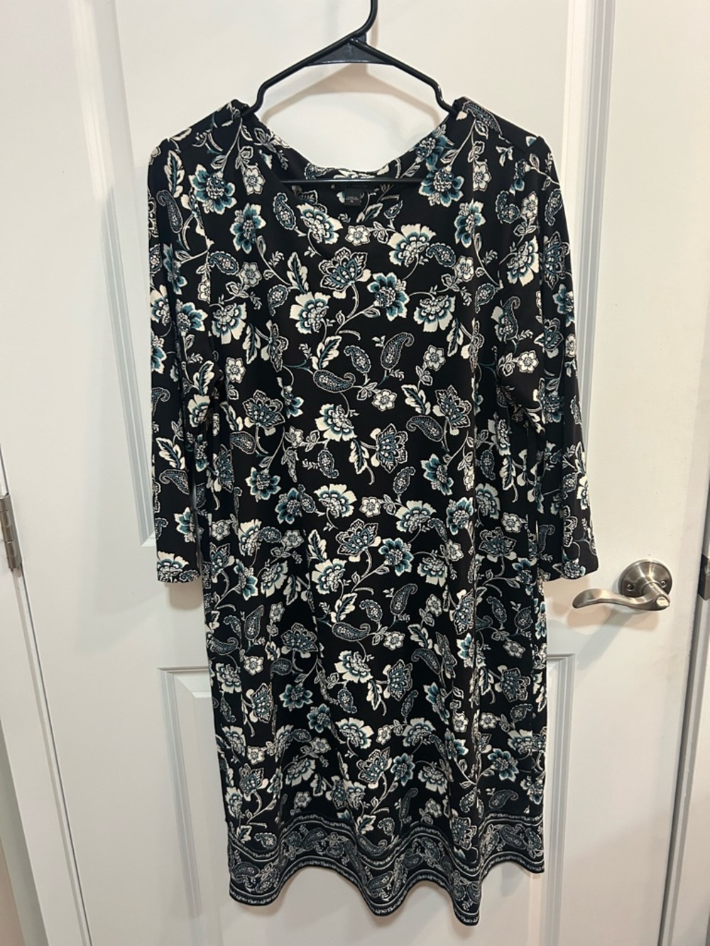 J. Jill Wearever Collection Black Floral Print Dress Size M Modest Boho Work